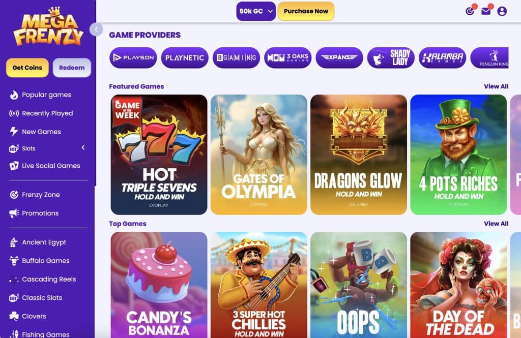 Mega Frenzy casino homepage