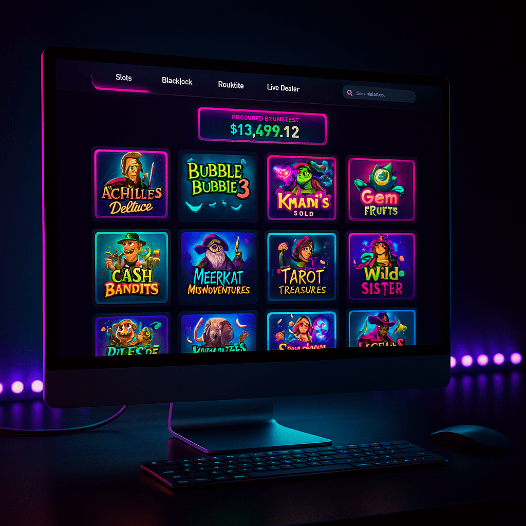 Photo-realistic image of a 27-inch desktop monitor on a sleek dark desk, displaying a vibrant online casino lobby interface with categories like Slots, Blackjack, Roulette, and Live Dealer. The screen shows colorful SpinLogic-style slot thumbnails, a progressive jackpot meter, and a search bar. Cyan and magenta accent lighting, backlit keyboard, and LED strip create a premium tech ambiance with soft reflections and bokeh depth of field