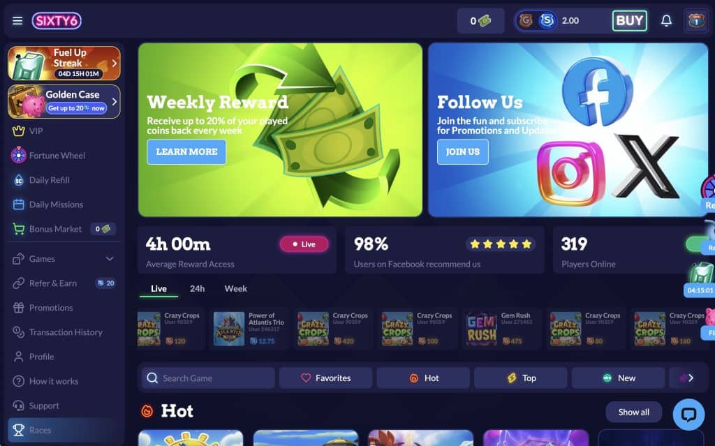 Sixty6 Casino Homepage Screenshot