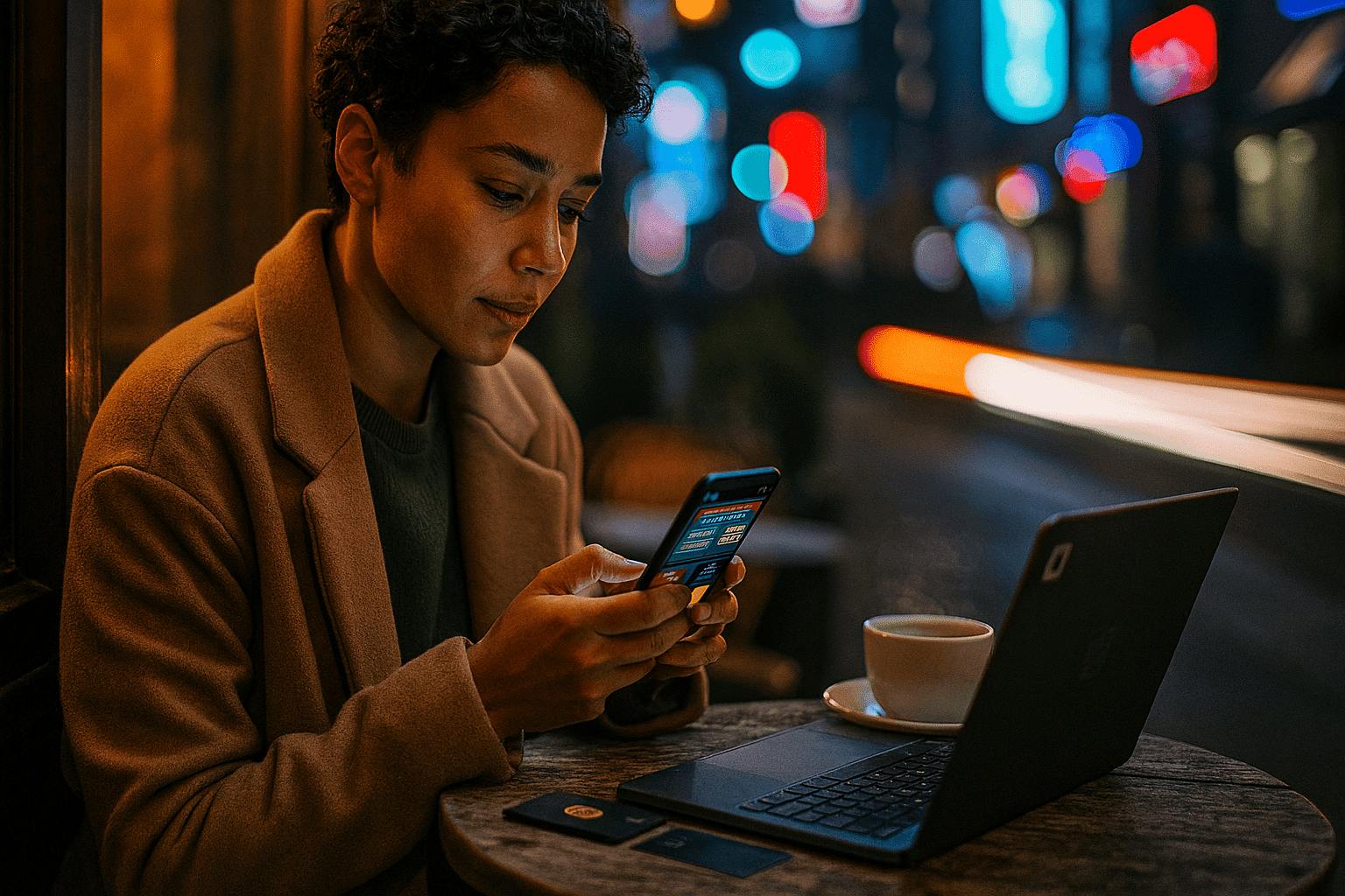 Woman placing a secure mobile bet with crypto wallet at a night café, illustrating fast payouts and sportsbook access on a trusted online casino.